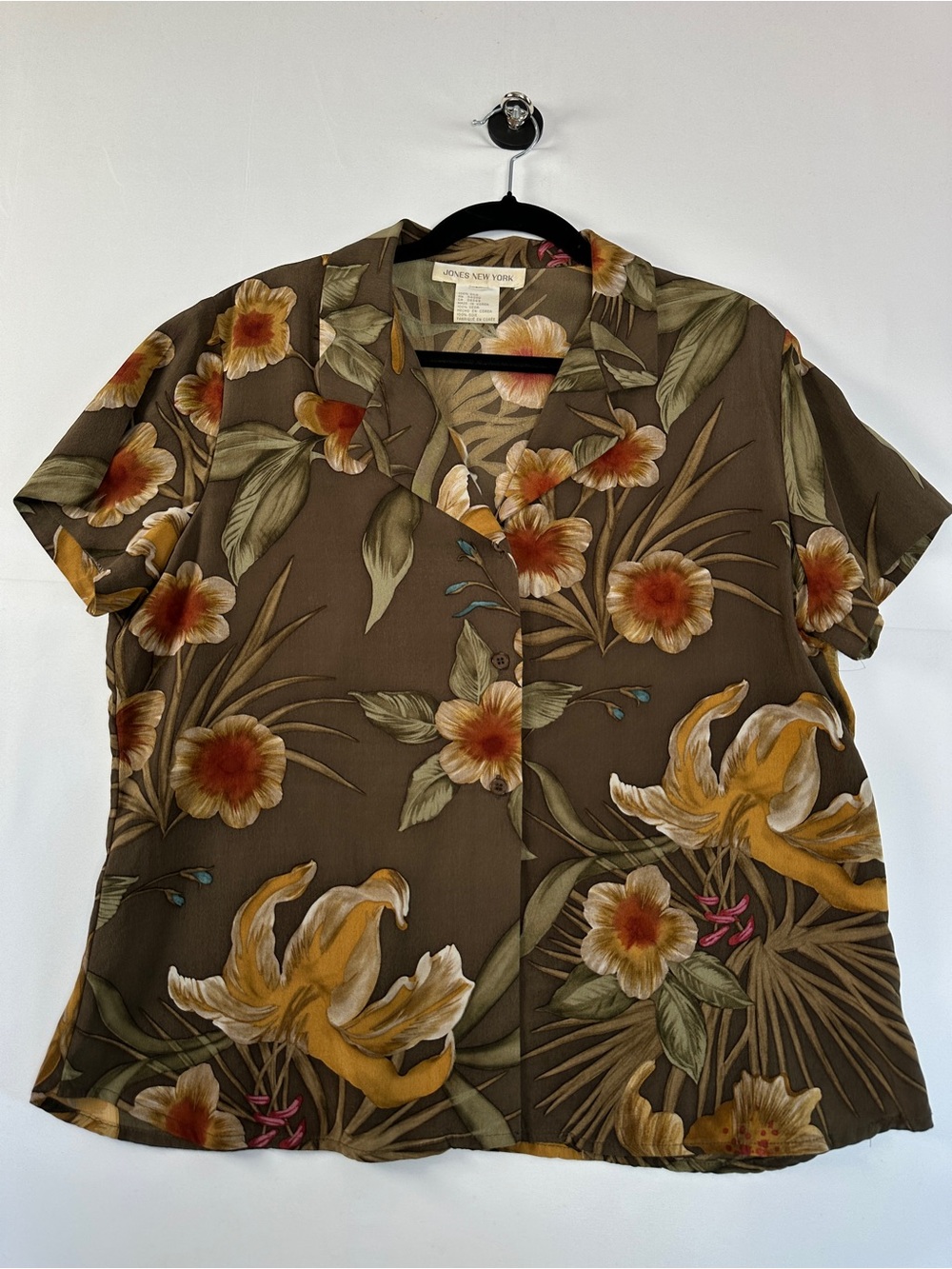 Jones New York 100% Silk Moody Dark Botanical Floral Camp Shirt Green Olive 12